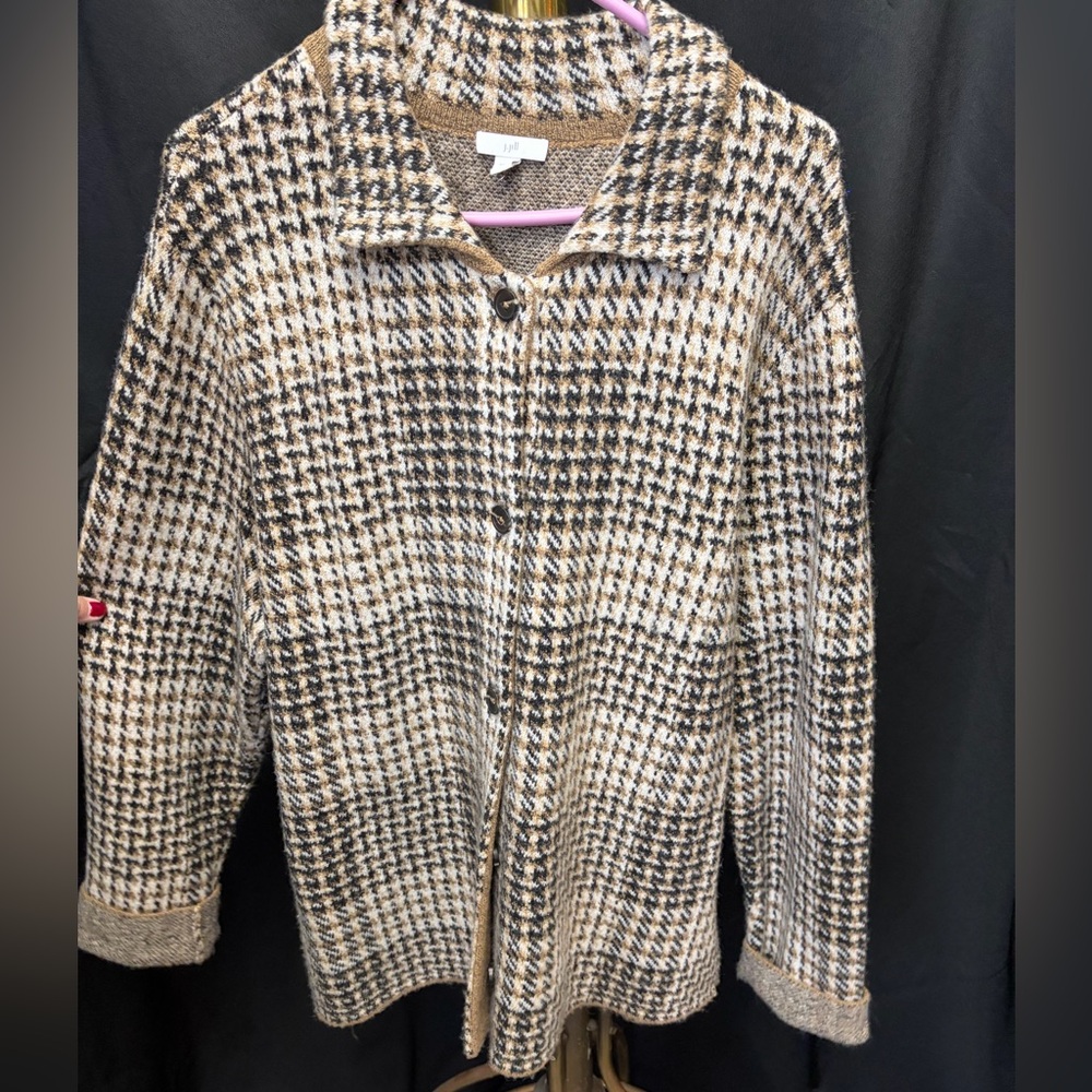 J. Jill Brown and Cream Houndstooth Knit Jacket
